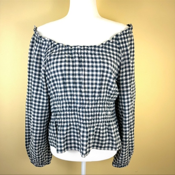 MADEWELL Navy /White Checkered Off The Shoulder Peasant Cropped Ruffle Top (L) - Picture 3 of 15